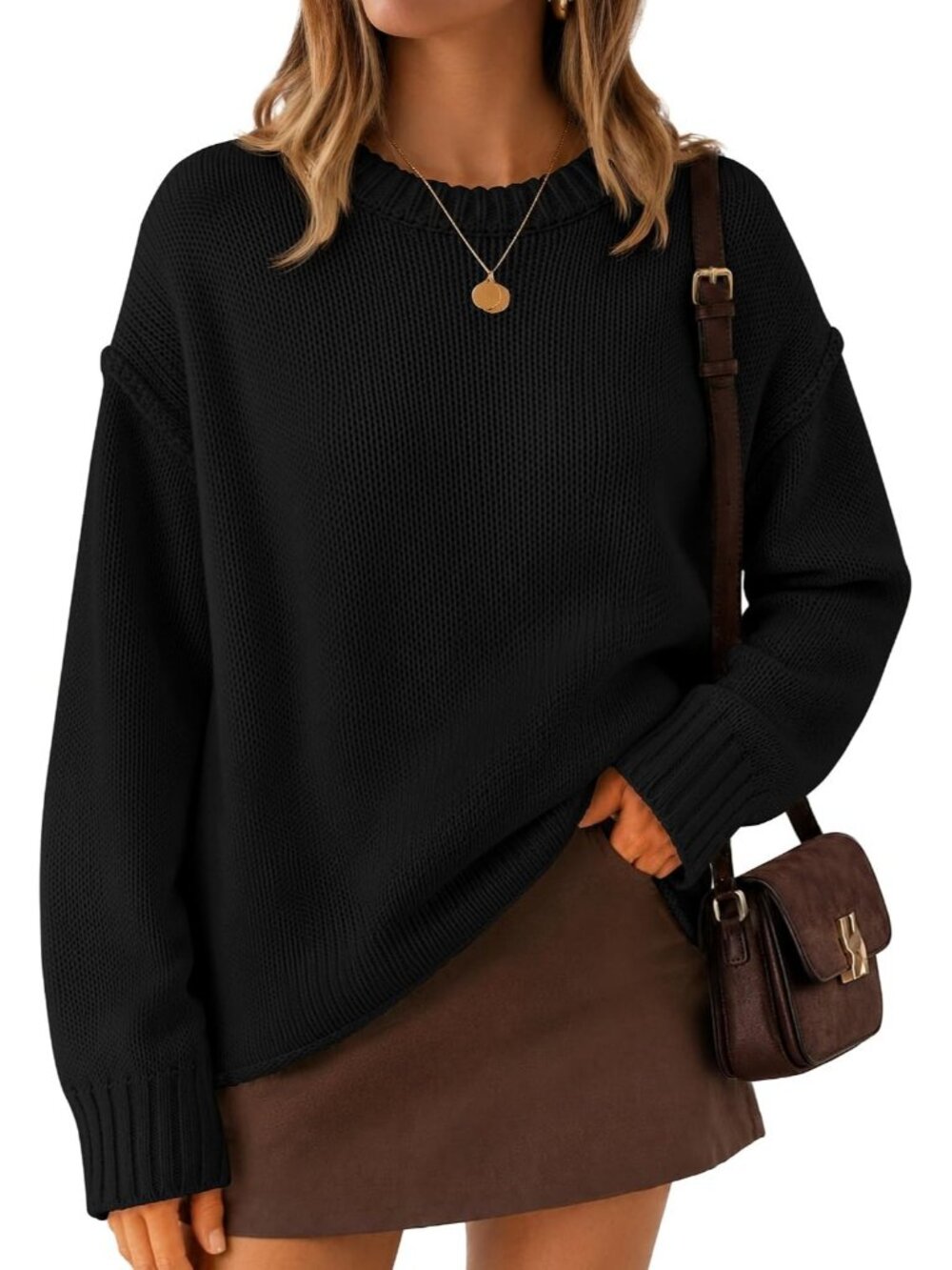 Women's Black Fall Long Sleeve Crewneck Oversized Chunky Loose Fit Sweaters